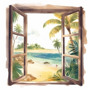 view from the window of a room on the sandy beach. the window is overlooking a tropical scene and palm trees. ultra-realistic and hyper-detailed watercolor clipart on a white background in the style of disney animation