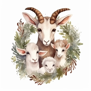 charming family of 4 goat, Christmas morning, festive decor and mood, ornamental watercolor, clipart
