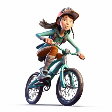 cute young girl riding a mountain bike downhill, smiling, full body, downhill bicycle clipart, Sport graphics, 16k polished, isolated on white background, 3d, rendered by pixar