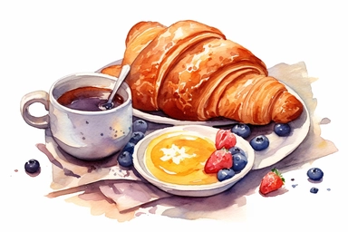 watercolor french breakfast clipart, hd, on white background, spaced out
