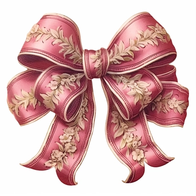 vintage pink silk victorian ornate, heavily decorated ribbon bow, clipart, template, white background