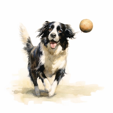 Landseer, Playing Fetch, watercolor, Clipart, white background, no text, no caption