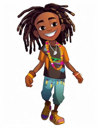 cute cool smiling black boy with wild colorful dreadlocks, walking, chibi style, jewelry, hip hop clothing, hands in pocket, clipart, whole body, white background,