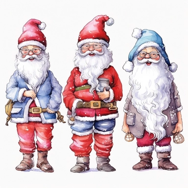 spaced apart, seperate, 4 x single, Highly detailed, christmas santa themed Doll, individually spaced, seperate, apart, watercolour clipart, vibrant colours, vibrant design, with white background, individually spaced, seperate, apart, Cut out doll used in Cardmaking, Mixed Media Crafts, as a character sheet, on a white background in the style of Marker drawing by Jasmine Becket - Griffith
