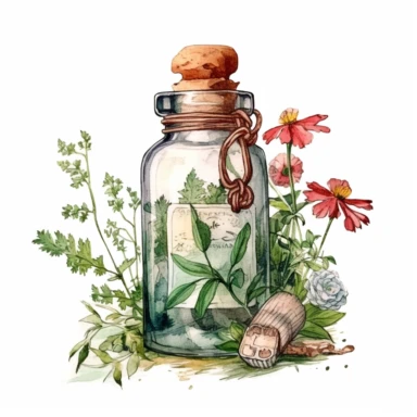 watercolor, hyper realistic, white background, white margins, 16k, ultra detailed clipart, cut out image, hand-drawn a vintage medicine bottle with a label and a cork stopper, surrounded by herbs and flowers
