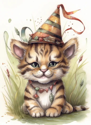 clipart,a cute little tiger in a field with a party hat on its head and a bandana on its neck,in the style of jody bergsma, 32k uhd, hand-painted details, charming character illustrations, dark brown and light beige,red/green, aquarellist, hd , white background clipart