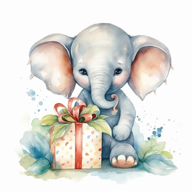 watercolor cute safari animal smiling elephant clipart, with gift, full body, on a white background