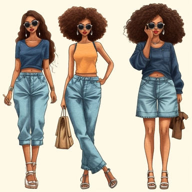 hand drawn, ultra realistic, Denim girl clipart, Denim clipart, Fashion girl clipart, wearing denim shorts, brown leather sandals, Jeans Girl Clipart, African American clipart, Afro girls clipart, Clipart, ultra realistic, hand drawn, wearing the white crop tops, all with beautiful bright smiles, Full body. Clothing line, retail fashion, 2023, fashionnova, African american, mid sized models. Highly detailed. very attractive, glamorous, make up beautiful, gorgeous, glowing make - up. full body an
