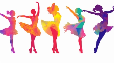 Colorful Simplistic Multiple Ballerina clip art of Female Dancers. Elegant Sophisticated Image depicting happy female dancer concentrating. No rouge faces. Each element of the Design is to be individual and totally separated and isolated on White Background, 2d Vector Clip Art for use in other designs
