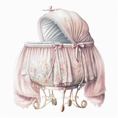 Baby bassinet for girl light pink color, white background, watercolor, hyperrealism, high detail, separate elements, clipart