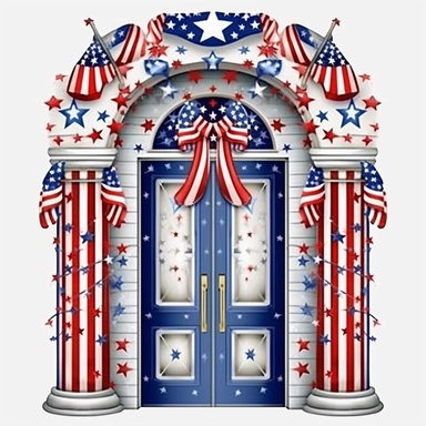 4th of July Patriotic Clip art of patriotic door, png Full body realistic cartoon in 32K UHD cute, 15 cm thick outline. Black color, 8k with realistic watercolors and detailed illustrations. PNG clipart, transparent white background