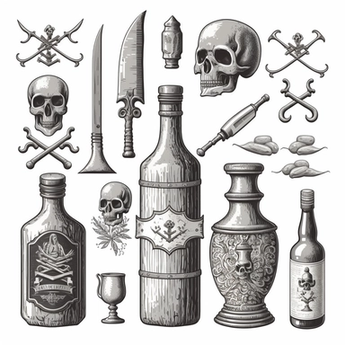 vintage bones, skulls, barrels, guns, swords, gin bottles, beer mugs, clip art, line art white background