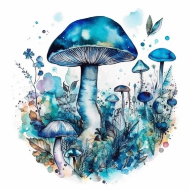 magic blue mushroom watercolor art, dreamy clipart, trippy, occult, circular frame, white background, painterly, colorful
