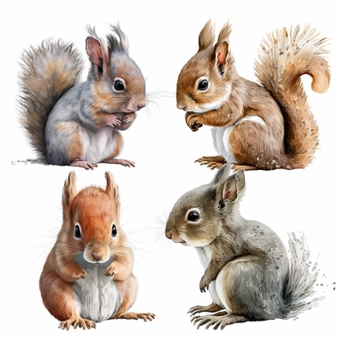 Woodland Animals Clipart Watercolor, cute baby squirrel, detailed watercolor, white background