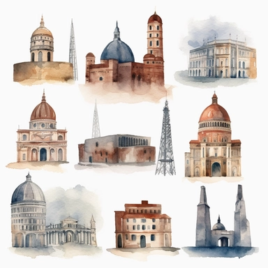 Watercolor famous landmarks in europe Clipart, travel, Minimalist Watercolor, Clipart, Separated design, 8k