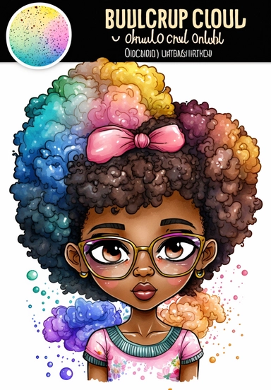 2d watercolor clipart kawaii, spring, april, character of beautiful african american woman, Intricately rendered dark Skinned woman, full body portrait, intricately rendered, 8k, short thick curls brown hair, sparkles, generously detailed, hyper realistic, digital, long rainbow eye lashes, beautiful retro comic urban chick, asymmetrical, smart, books, nerdy, glasses, 4k,