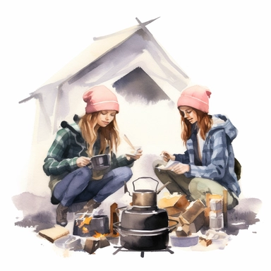 two Girls cooking outdoors with a camping stove or over an open fire, preparing meals on their backpacking trip, pastel colors, white background, watercolor splash, fashion illustration, clipart, by Jack Hughes