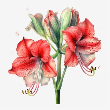 watercolor illustration of Amaryllis flowers, watercolor clipart, watercolor splashes, spring boho vibes, 4k uhd, realistic floral portrait, white background