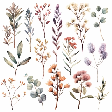 gorgeous set of wild Lapland plants clipart, flowers branches buds leaves, vintage botanical art, detailed watercolor illustration, sublime, dreamy, soft muted colours, sharp detail, isolated on white background