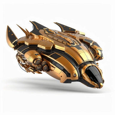A combat spaceship, copper black and gold color palette, realistic, bold line, clipart, sticker, white background, no shadow, 8k detail