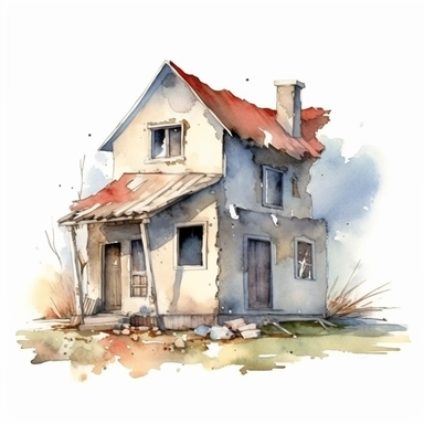 watercolour small broken and abandoned house, clipart on white background, no watermark, highly detailed, professional color gradation, clean sharpness