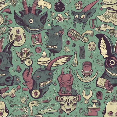 Comical Occult Creatures: Design a pattern that showcases the lighter side of satanic creatures and symbols using a humorous clipart style. Focus on capturing the amusing characteristics of characters like Baphomet wearing a party hat, a skateboarding demon, or a vampire sipping a cocktail. Employ a diverse range of colors, from dark, moody shades to vibrant, eye-catching hues, to create a visually captivating and entertaining composition.
