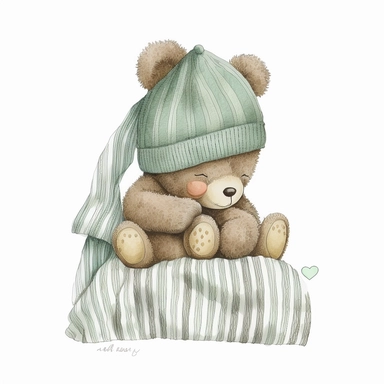an ultra Cute little newborn baby teddy bear wearing pyjamas, dusky sage green shabby chic traditional classic striped pyjamas and a bedtime hat , watercolour, cute,, bedtime, sleepy, dreamy, isolated on white background, Clipart