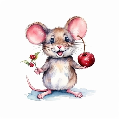 mouse with cherries, full body, pencil and watercolor clipart style, cartoon style, super high quality, high resolution, isolated white background, 8k