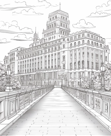 coloring page, clipart style, , Bucharest parlament building, city, low details, no shading,