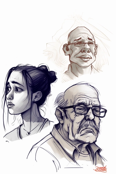 minimalist ink clip-art with heavy outlines concept art of three sci-fi character half portraits overlaping. older technic man on the bottom left is stressed, screaming in despair. a nice woman doctor in the centre looks like she is getting an idea. fat asian man with long hair on the top right is looking victoriously into the fugure, ready to solve any issue. exaturated expressions, muted minimal colors, heavy outlines, white paper background