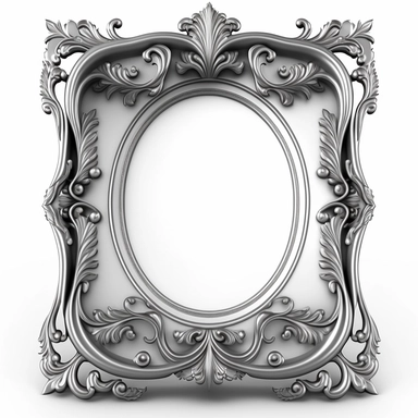 A single vintage silver frame clipart with a glossy, reflective finish and a rounded rectangular shape. The intricate details of the frame are highlighted by the shine of the silver, creating a modern and sleek look. The background is a soft gray with a subtle texture, adding depth and dimension to the design. [1], [2], [3], [4], photography, Close-up macro photography with a wide-angle lens, creating a shallow depth of field and emphasizing the intricate details of the frame. Shot on a Canon EO