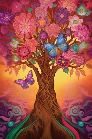a painting of a tree with flowers and a butterfly, by Jeremiah Ketner, psychedelic art, brown and magenta color scheme, transcending to a higher plane, roots dangling below, rooted lineage, depicting a flower, fractal dimensions, clipart, arms outstretched, the grand temple of flowers