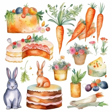 Watercolor Carrot Clipart - digital png carrots, rabbits and cake graphics, single element