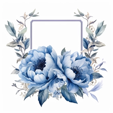 Watercolor clipart of a empty suttle dainty blue peony flowers rectangle frame surrounded blue color flowers. Capture the essence of blooming beauty and intricate details in your artwork, white background