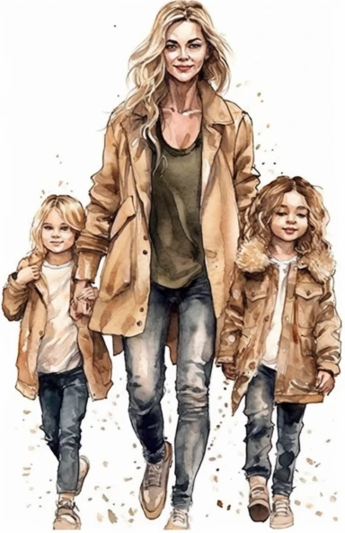 DESIGN A MAGNIFICENT AND EXQUISITE BREATHTAKING ONE-OF-A-KIND HIGH QUALITY HIGHLY DETAILED MASTERPIECE WATERCOLOR CLIPART ILLUSTRATION OF A STUNNING woman walks with two little children holding back the man's hands, in the style of realistic hyper-detailed portraits, fashion illustrations, ashcan school, aquarellist, anime art, beautiful women, warm tones, ULTRA REALISTIC, WHITE BACKGROUND