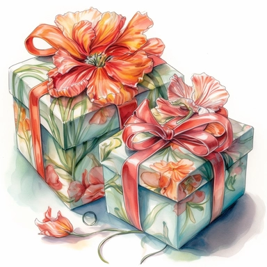 drawing of insanely beautiful floral patterned gift boxes, in the style of beatrice potter and jody Bergsma, tied with a red silk bow,32k uhd, hand-painted details, pastoral illustrations, amazing colour combinations , aquarellist, hd , white background clipart ,-- no watermark--ar 27:37