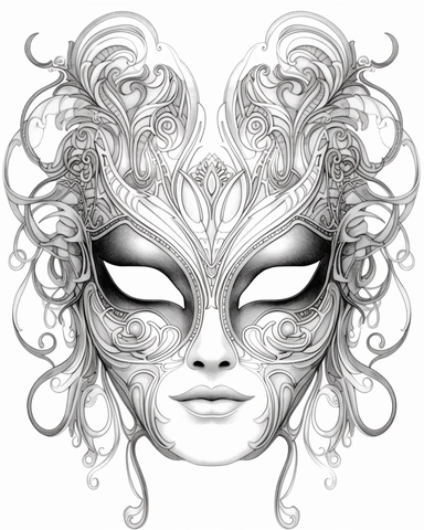 white coloring page of a white masquerade mask with intricate cut-outs, delicate linework, simplified line work, free brushwork, 15th century vintage masquerade for adults black and white drawings, in the style of tanya shatseva, in the style of fantasy illustrations, in the style of fantasy illustrations, in the style of art nouveau-inspired illustrations, in the style of intricate pen drawings, in the style of intricate linework, in the style of detailed linework, kinuko y. craft, luca della r