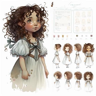 Little girl exploring, character sheet, illustration for book, children's book, multiple positions,five years old, curly hair, dark brown hair,Watercolor Clipart, strybk, full Illustration, 4k, sharp focus, watercolor, smooth soft skin, symmetrical, soft lighting, detailed face, concept art, watercolor style, strybk, children's style fairy tales, chibi kawaii, . Octane rendering, 3d. Perfect face, detailed face, delicate face, perfect sharp lips, detailed eyes. Craig Davison, Aubrey Beardsley, C