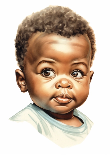 a cute retro vintage African infant baby boy. close-up of his beautiful face. Color pencil sketch, soft baby colors, on a white background for clipart.