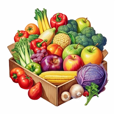 watercolor illustration doodle fresh fruits and vegetable box, in the style of human-canvas integration, mark keathley, rtx on, transavanguardia, captivating, quadratura, cardboard Clipart desert cartoon t-shirt graphic, vector, contour, isolated on a white background