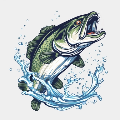 fish largemouth bass fishing clipart , graphic illustration, long fish, jumping sea bass, open mouth, white yellow scale fish, belly with wavy pattern, vector fish, curled tail fish, clipart art, jumping and curling tail without water , sea bass, on a white background