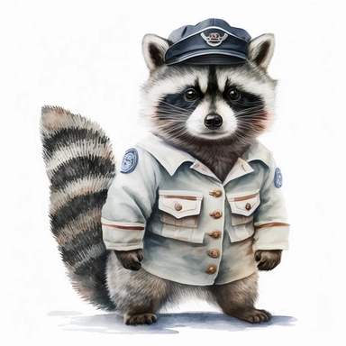 Stylish funny Raccoon in a white sea uniform, full body, pastel waterpaint Clipart, watercolor, high-quality illustration, professional raster graphic, white background, Studio Lighting, ultra-detailed, 8k