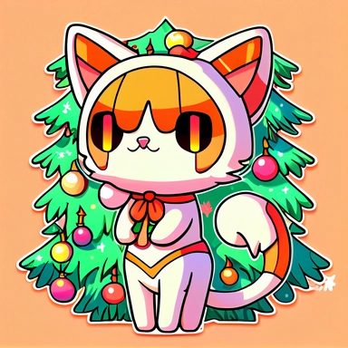 sticker clipart, vector sticker, cute white orange chibi shorthair cartoon cat, with a christmas property,and a christmast sceen by Lisa Frank, adventure time art style, trippy, featured on deviantart, furry art, furaffinity, official art, anime