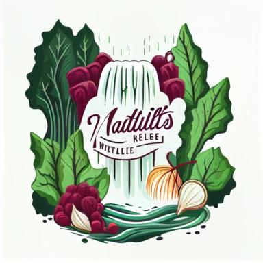 logo design with vegetables at the bottom of a waterfall, Rejuv, carrtos, beets, kale, healthy, 2D, flat, simple, marker, vector, clipart, mimimum, white background