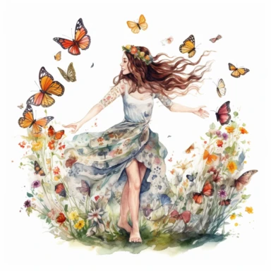 watercolor, hyper realistic, white background, white margins, 16k, ultra detailed clipart, cut out image, hand-drawn, whimsical a lady with a flower crown, twirling in a meadow as butterflies flutter around her in a whimsical dance