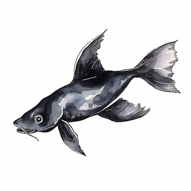 watercolour catfish svg vector clipart illustration, on a clean white background, black ink outline