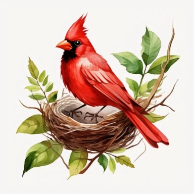 red cardinal bird with nest, clipart, minimalism, watercolor, green leaves