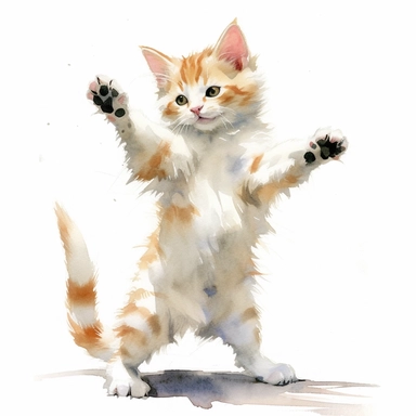 A happy kitten dancing, watercolor painting by JOHN SINGER SARGENT, clipart, white background