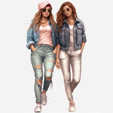 girl best friend fashion clipart, illustration art, high resolution format, png file, background stransparent, hyper realistic, transparent background, high detail, 8k