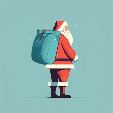 illustration of Santa from behind with a sack of presents over his shoulder, cutout clipart vector art simplistic and minimalistic vibrant 2d solid tones embroidary style on pale blue background isolated, poster style, minimalist style, quote